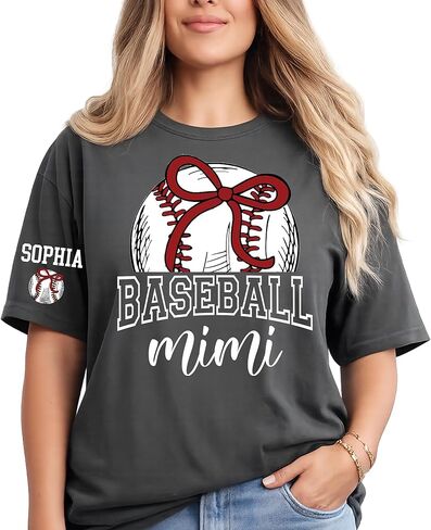 Personalized Baseball Mimi Shirt, Custom Baseball Tee with Grandkids' Names on Sleeve, Soft Graphic T-Shirt for Mimi, Custom Baseball Lover Gift in Kuwait