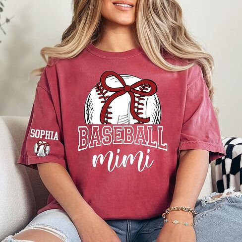 Personalized Baseball Mimi Shirt, Custom Baseball Tee with Grandkids' Names on Sleeve, Soft Graphic T-Shirt for Mimi, Custom Baseball Lover Gift in Kuwait