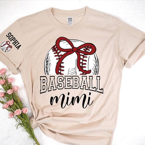 Personalized Baseball Mimi Shirt, Custom Baseball Tee with Grandkids' Names on Sleeve, Soft Graphic T-Shirt for Mimi, Custom Baseball Lover Gift in Kuwait