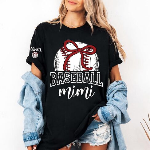 Personalized Baseball Mimi Shirt, Custom Baseball Tee with Grandkids' Names on Sleeve, Soft Graphic T-Shirt for Mimi, Custom Baseball Lover Gift in Kuwait