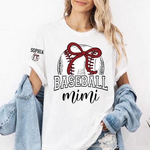 Personalized Baseball Mimi Shirt, Custom Baseball Tee with Grandkids' Names on Sleeve, Soft Graphic T-Shirt for Mimi, Custom Baseball Lover Gift in Kuwait
