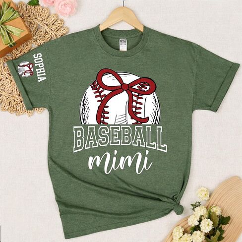 Personalized Baseball Mimi Shirt, Custom Baseball Tee with Grandkids' Names on Sleeve, Soft Graphic T-Shirt for Mimi, Custom Baseball Lover Gift in Kuwait
