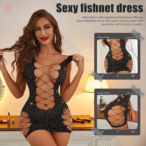 Sexy Lingerie for Women, Black Rhinestone Cutout Bodysuit, One Size High Stretch Nylon Lace Teddy (Style-Black05) in Saudi Arabia