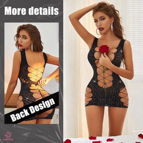 Sexy Lingerie for Women, Black Rhinestone Cutout Bodysuit, One Size High Stretch Nylon Lace Teddy (Style-Black05) in Saudi Arabia