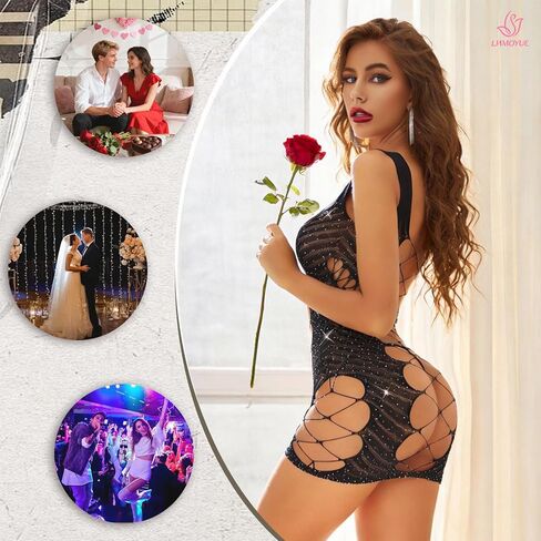 Sexy Lingerie for Women, Black Rhinestone Cutout Bodysuit, One Size High Stretch Nylon Lace Teddy (Style-Black05) in Saudi Arabia