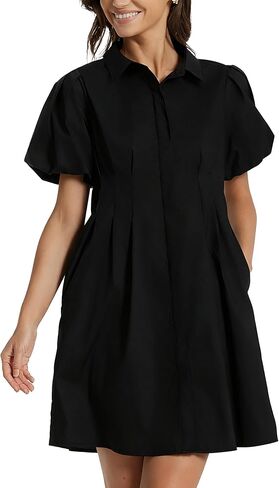 D-Sun Women's Short Puff Sleeve Shirt Dress Button Down Pleated Mini Dress Casual Short Dresses in Kuwait