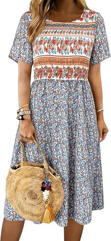 Boho Dresses for Women 2026 Summer Floral Short Sleeve Crewneck Ruffle Midi Dress Casual A-Line Flowy Knee Lenth Dress in Kuwait