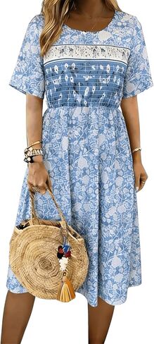 Boho Dresses for Women 2026 Summer Floral Short Sleeve Crewneck Ruffle Midi Dress Casual A-Line Flowy Knee Lenth Dress in Saudi Arabia