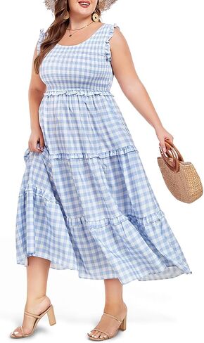 Women's Plus Size Summer Casual Maxi Dress Ruffle Sleeveless Plaid Smocked Tiered Long Dresses with Pockets in Saudi Arabia