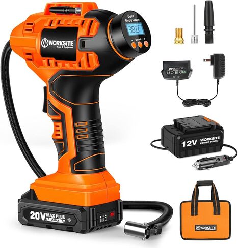 ضاغط هواء منفاخ إطارات لاسلكي من WORKSITE، مضخة هواء محمولة محمولة، مضخة إطارات سيارة تعمل بالبطارية مع محول طاقة سيارة 12 فولت، مقياس ضغط رقمي للسيارات والدراجات النارية، رمادي in Kuwait