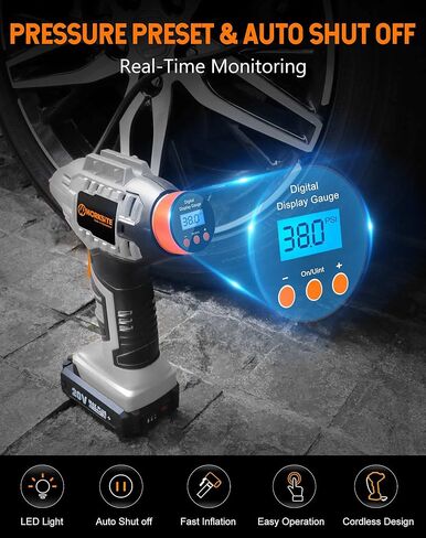 WORKSITE Cordless Tire Inflator Air Compressor,Portable Handheld Air Pump,Battery Powered Car Tire Pump with 12V Car Power Adapter Digital Pressure Gauge for Cars Motorcycles, Gray in Saudi Arabia