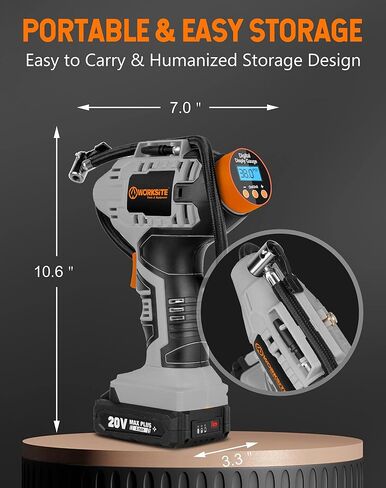 WORKSITE Cordless Tire Inflator Air Compressor,Portable Handheld Air Pump,Battery Powered Car Tire Pump with 12V Car Power Adapter Digital Pressure Gauge for Cars Motorcycles, Gray in Saudi Arabia