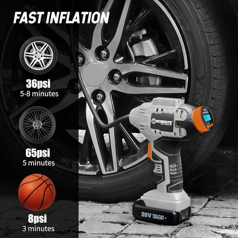 WORKSITE Cordless Tire Inflator Air Compressor,Portable Handheld Air Pump,Battery Powered Car Tire Pump with 12V Car Power Adapter Digital Pressure Gauge for Cars Motorcycles, Gray in Saudi Arabia