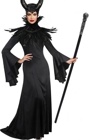 UQJE Women's Deluxe Adult Black Gown Costume Feather Cape Shawl with Maleficent Horns in Kuwait