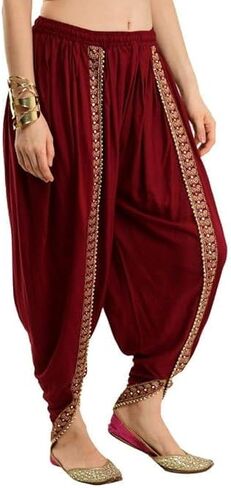 Women's Harem Dhoti Pants with Gold Embellished Trim, Maroon, Free Size 28-36 in Saudi Arabia