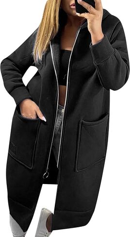 FLITAY Womens Casual Zipper Long Hoodie Solid Color Soft Coats Fleece Lined Jackets with Pockets in Saudi Arabia