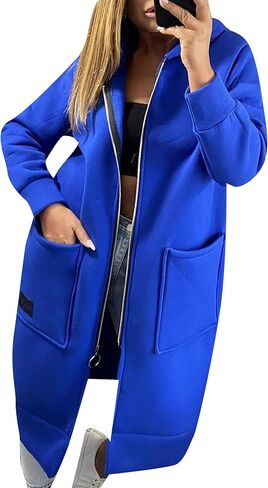FLITAY Womens Casual Zipper Long Hoodie Solid Color Soft Coats Fleece Lined Jackets with Pockets in Saudi Arabia