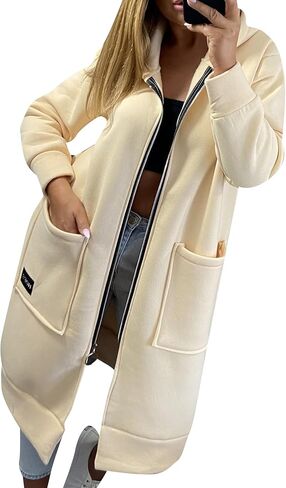 FLITAY Womens Casual Zipper Long Hoodie Solid Color Soft Coats Fleece Lined Jackets with Pockets in Saudi Arabia