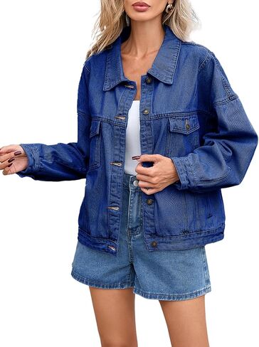 LifeShe Women's Oversized Denim Jacket Boyfriend Ripped Distressed Jean Jackets Casual Long Sleeve Trucker Coat in Saudi Arabia