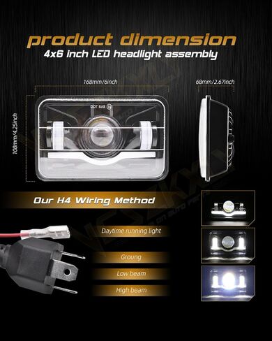 VCSZXKLY 4x6 Led Headlights Compatible for 1980 1981 1982 1983 1984 1985 1986 1987 1988 Chevrolet Monte Carlo SS El Camino Headlights High Low Beam, DOT Approved Rectangular H4651 H4652 H4656 H4666 in Kuwait