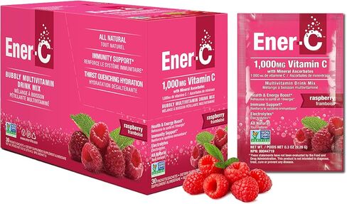 Ener-C Raspberry Multivitamin Drink Mix Powder Vitamin C 1000mg & Electrolytes with Real Fruit Juice Natural Energy & Immune Support for Women & Men - Non-GMO Vegan & Gluten Free - 60 Count in Saudi Arabia