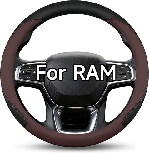 غطاء عجلة قيادة جلدي لـ RAM 1500/2500/3500 (2012 إلى الوقت الحاضر) - 15.2-16 بوصة مقبض عجلة قيادة شاحنة قابل للتنفس مضاد للانزلاق، ملحق داخلي ناعم صديق للبشرة لشاحنات RAM in Kuwait