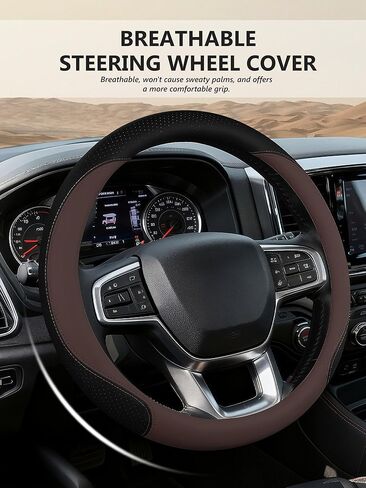 غطاء عجلة قيادة جلدي لـ RAM 1500/2500/3500 (2012 إلى الوقت الحاضر) - 15.2-16 بوصة مقبض عجلة قيادة شاحنة قابل للتنفس مضاد للانزلاق، ملحق داخلي ناعم صديق للبشرة لشاحنات RAM in Kuwait