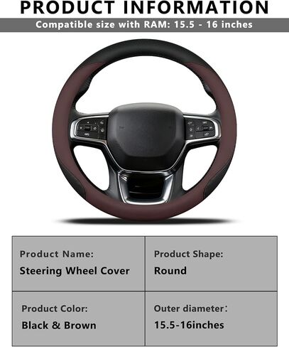 غطاء عجلة قيادة جلدي لـ RAM 1500/2500/3500 (2012 إلى الوقت الحاضر) - 15.2-16 بوصة مقبض عجلة قيادة شاحنة قابل للتنفس مضاد للانزلاق، ملحق داخلي ناعم صديق للبشرة لشاحنات RAM in Kuwait