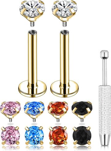 18G Internal Thread Multiple Colors CZ Studs 316L Surgical Steel Flat Back Stud Earrings for Women Cartilage Tragus Conch Labret Lip Medusa Monroe Piercing Jewelry, 6/8MM in Saudi Arabia