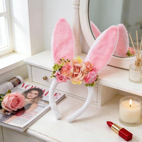 ASIJUNTYECHO Easter Bunny Ears headband,Pink Bunny Ears Flower Headband Easter Hair Accessories for Women Easter Wedding Birthday Party Rabbit Cosplay Costume Accessories in Kuwait
