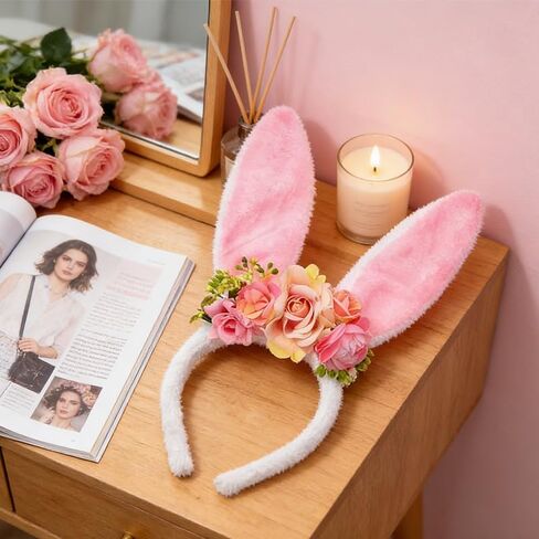 ASIJUNTYECHO Easter Bunny Ears headband,Pink Bunny Ears Flower Headband Easter Hair Accessories for Women Easter Wedding Birthday Party Rabbit Cosplay Costume Accessories in Kuwait