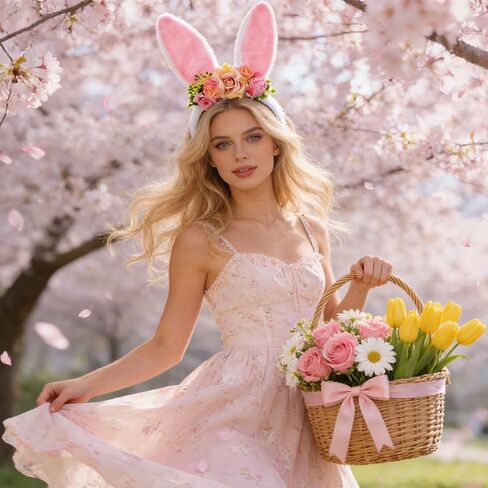 ASIJUNTYECHO Easter Bunny Ears headband,Pink Bunny Ears Flower Headband Easter Hair Accessories for Women Easter Wedding Birthday Party Rabbit Cosplay Costume Accessories in Kuwait