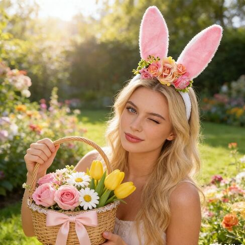 ASIJUNTYECHO Easter Bunny Ears headband,Pink Bunny Ears Flower Headband Easter Hair Accessories for Women Easter Wedding Birthday Party Rabbit Cosplay Costume Accessories in Kuwait