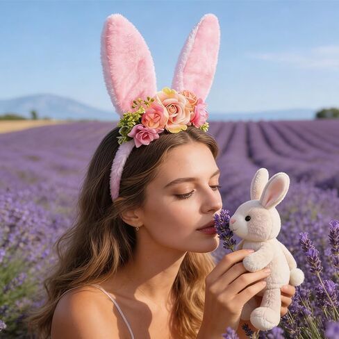 ASIJUNTYECHO Easter Bunny Ears headband,Pink Bunny Ears Flower Headband Easter Hair Accessories for Women Easter Wedding Birthday Party Rabbit Cosplay Costume Accessories in Kuwait
