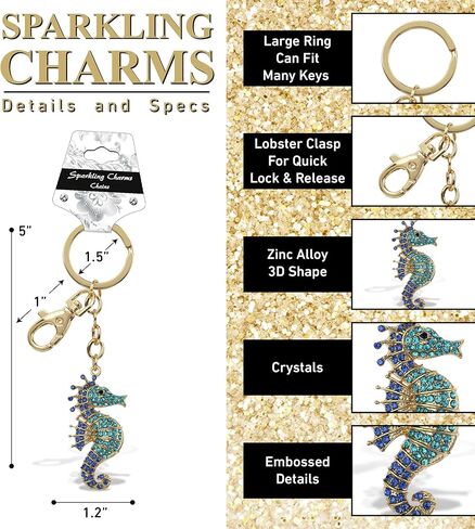 Seahorse Keychain - Blue Sparkling Rhinestones Charm, Fashionable Stylish Polyester PU Ocean Life Gold Key Ring Bling Jewelry Accessory with Clasp For Key Chain, Bag, Purse and Backpack in Saudi Arabia