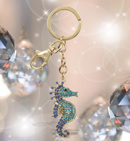 Seahorse Keychain - Blue Sparkling Rhinestones Charm, Fashionable Stylish Polyester PU Ocean Life Gold Key Ring Bling Jewelry Accessory with Clasp For Key Chain, Bag, Purse and Backpack in Saudi Arabia