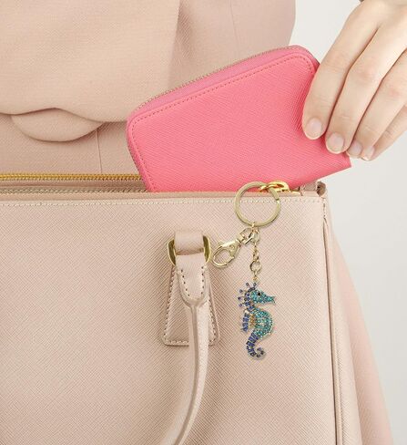 Seahorse Keychain - Blue Sparkling Rhinestones Charm, Fashionable Stylish Polyester PU Ocean Life Gold Key Ring Bling Jewelry Accessory with Clasp For Key Chain, Bag, Purse and Backpack in Saudi Arabia