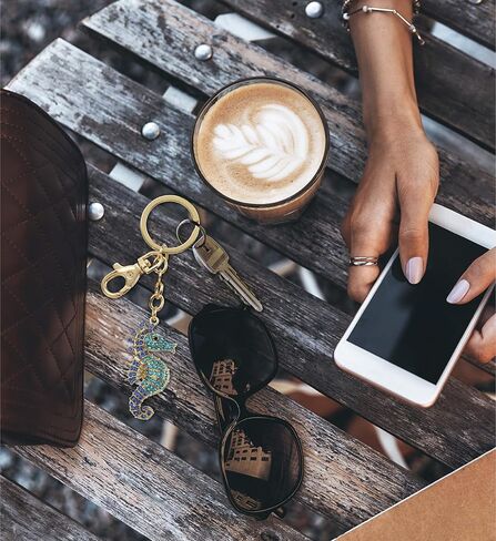 Seahorse Keychain - Blue Sparkling Rhinestones Charm, Fashionable Stylish Polyester PU Ocean Life Gold Key Ring Bling Jewelry Accessory with Clasp For Key Chain, Bag, Purse and Backpack in Saudi Arabia