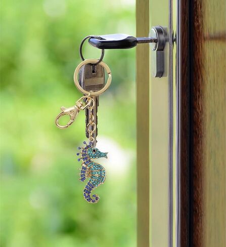 Seahorse Keychain - Blue Sparkling Rhinestones Charm, Fashionable Stylish Polyester PU Ocean Life Gold Key Ring Bling Jewelry Accessory with Clasp For Key Chain, Bag, Purse and Backpack in Saudi Arabia