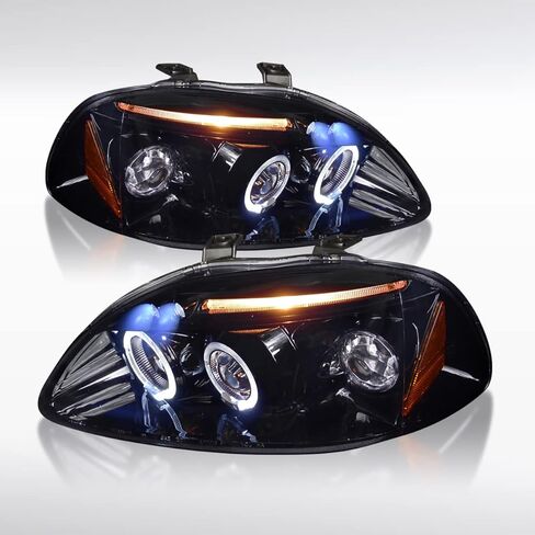 Autozensation Compatible with 1996-1998 Honda Civic, Left + Right Pair Headlamps Assembly, Halo Projector Headlights Glossy Black Housing Smoke Lens in Saudi Arabia