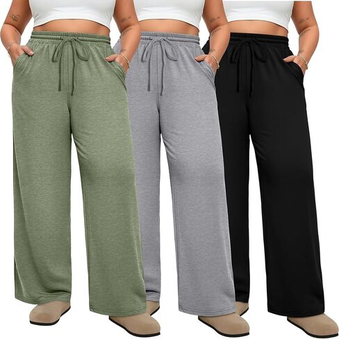 Neer 3 Pack Women's Plus Size Pants with Pockets Ladies Yoga Wide Leg High Waist Drawstring Sweatpants Elastic Lounge Pants in Saudi Arabia