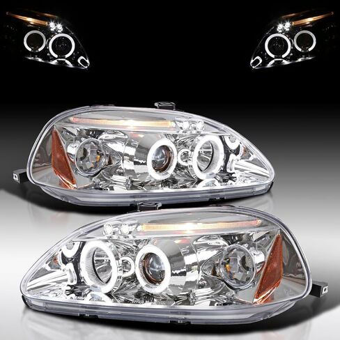 Autozensation Compatible with 1996-1998 Honda Civic, Left + Right Pair Headlamps Assembly, Halo Projector Headlights Glossy Black Housing Smoke Lens in Kuwait