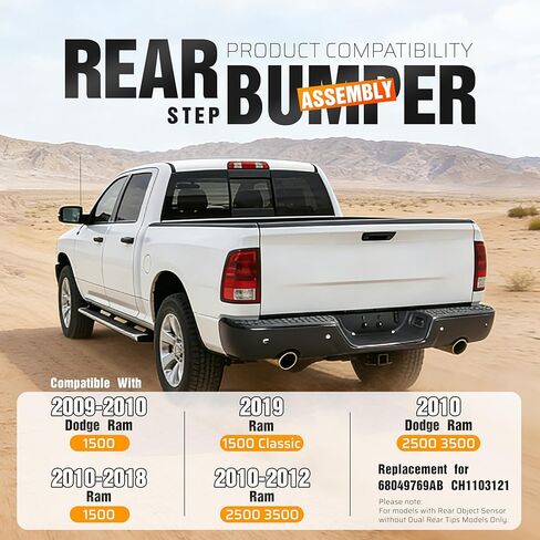 Rear Step Bumper Assembly W/Sensor Holes&License Plate Light Compatible with 2009-2018 Dodge Ram 1500/2019 Ram 1500 Classic/2010-2012 Ram 2500 3500 68049769AB CH1103121 Steel+Plastic 2Packages in Kuwait