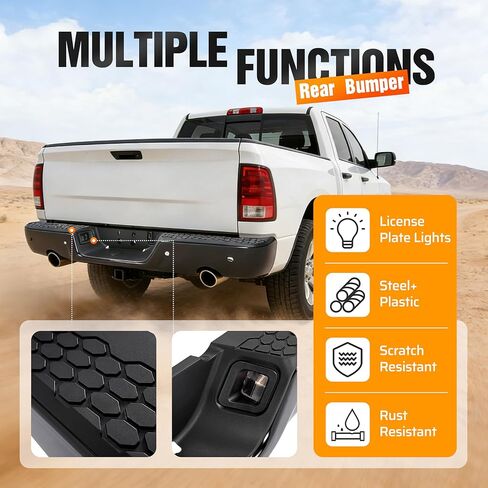 Rear Step Bumper Assembly W/Sensor Holes&License Plate Light Compatible with 2009-2018 Dodge Ram 1500/2019 Ram 1500 Classic/2010-2012 Ram 2500 3500 68049769AB CH1103121 Steel+Plastic 2Packages in Kuwait