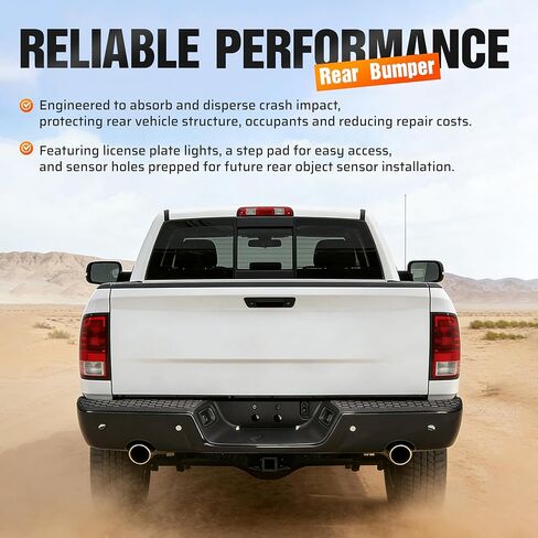 Rear Step Bumper Assembly W/Sensor Holes&License Plate Light Compatible with 2009-2018 Dodge Ram 1500/2019 Ram 1500 Classic/2010-2012 Ram 2500 3500 68049769AB CH1103121 Steel+Plastic 2Packages in Kuwait