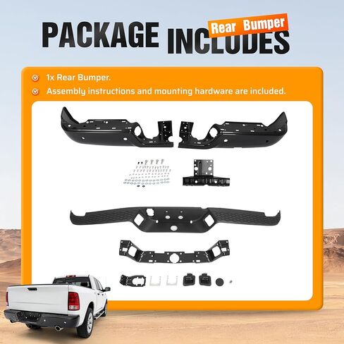 Rear Step Bumper Assembly W/Sensor Holes&License Plate Light Compatible with 2009-2018 Dodge Ram 1500/2019 Ram 1500 Classic/2010-2012 Ram 2500 3500 68049769AB CH1103121 Steel+Plastic 2Packages in Kuwait