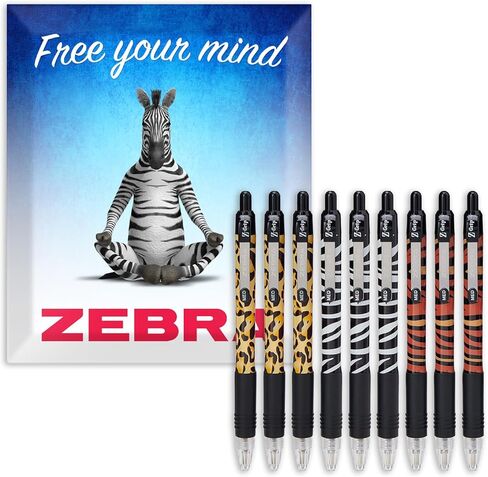قلم Zebra Z-Grip Funky - أقلام حبر جاف قابلة للسحب بنمط طباعة حيوانات - طباعة الفهد والحمار الوحشي والنمر - حبر أسود - عبوة من 9 أقلام - في صندوق هدايا من الورق المقوى in Saudi Arabia