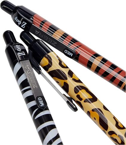 قلم Zebra Z-Grip Funky - أقلام حبر جاف قابلة للسحب بنمط طباعة حيوانات - طباعة الفهد والحمار الوحشي والنمر - حبر أسود - عبوة من 9 أقلام - في صندوق هدايا من الورق المقوى in Saudi Arabia