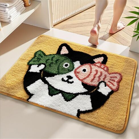 Ankah Animal Bath Mat, Cute Cartoon Bathroom Rug, Comfort Rug, Extra Absorbent Soft, Quickly Dry, Machine Washable Bath Rug Carpet for Toilet Bathtub Kitchen, 19.7" x 31.5", Cat&Fish in Kuwait