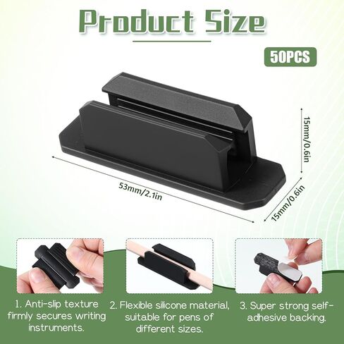 50 Pack Adhesive Pencil Holders for Desk, Silicone Flexible Adhesive Pen Holder for Desk Wall Clipboard, Reusable Marker Organizer for Classroom School Office Accessories Teacher Supplies, Black in Saudi Arabia